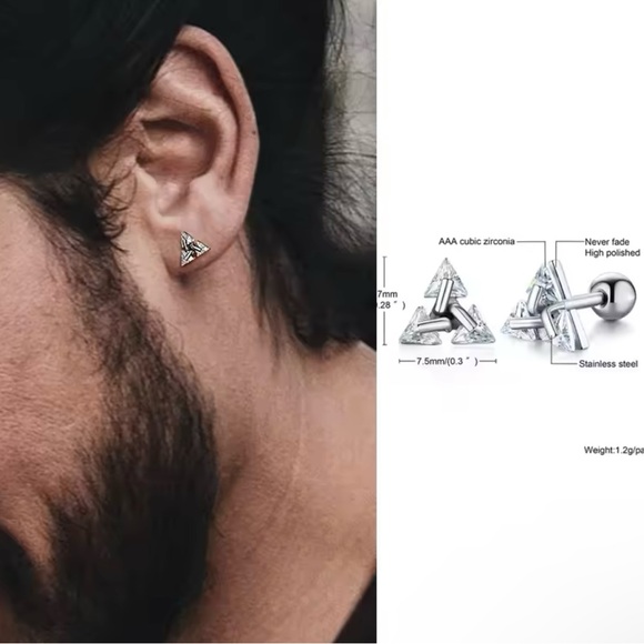 Men Stud Earring ,Triangle Pierced Crystal Zircon Stud Sleeper Stud - Picture 5 of 5
